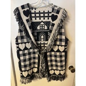 Y2K Folk Farmhouse Woven Checks Sheep Hearts Fringe Open Front Boho Cottagecore